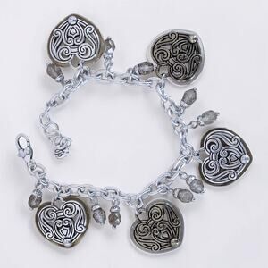 Brighton Loves Crest Charm Bracelet Crystal Beads Two Tone Retired 7-8" Rare